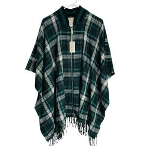 Charlie Paige Plaid Poncho Womens One Size Green Blue Flannel Zip Up Fringe NWT